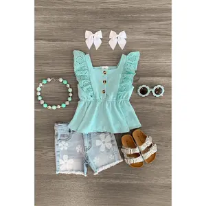 Mint Swiss Dot Denim Short Set