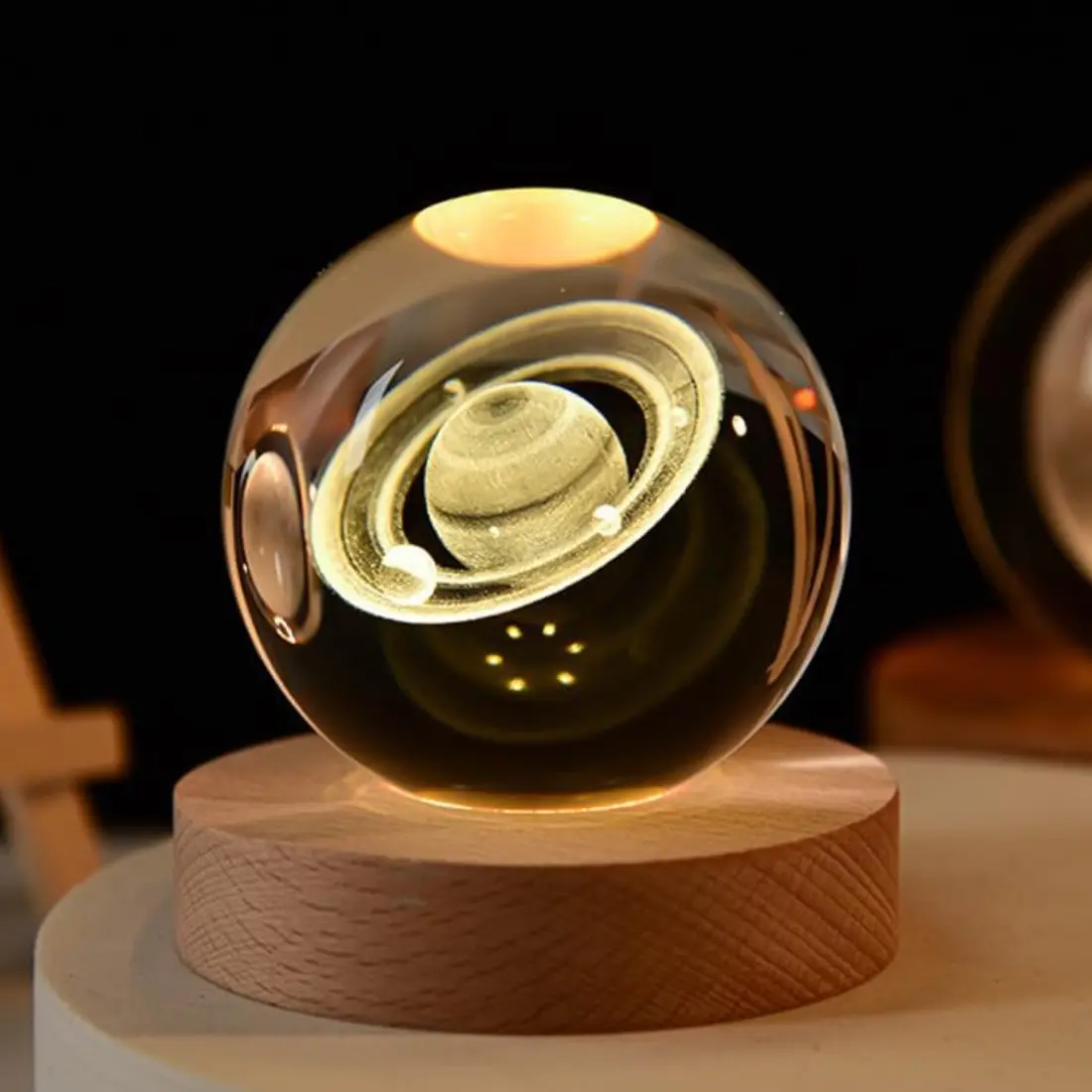 Saturn Crystal Ball, 2.4inch(60mm) Decorative Quartz Glass Ball, Globes Gift Glass Sphere with Wooden Base, Paperweight Crystal Display Sculpture Home Decor Gifts for Women Friends