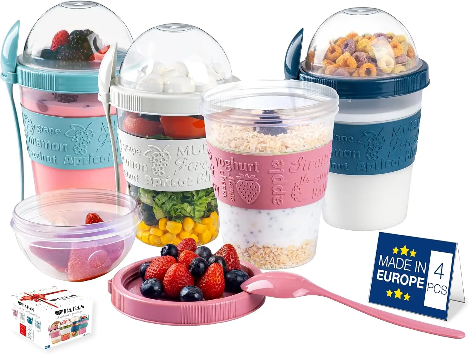 Hakan 4-Pack 20oz BPA-Free Reusable Plastic Kitchen Utensils Overnight Oats Containers - Round Cylindrical Cups with Lid, Spoons & Topping Dome, Ideal for Yogurt Parfaits, Work To-Go Breakfast Jars