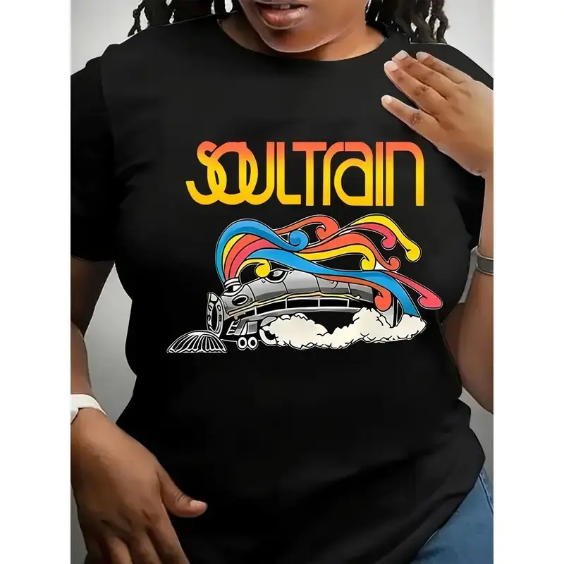 [Vibrant Soul Train Tee] Vibrant Plus Size Women's Fashion T-Shirt - _Soul Train_ Graphic, Stretchy Polyester Blend, Round Neck Short Sleeve - Colorful & Comfortable Casual Wear