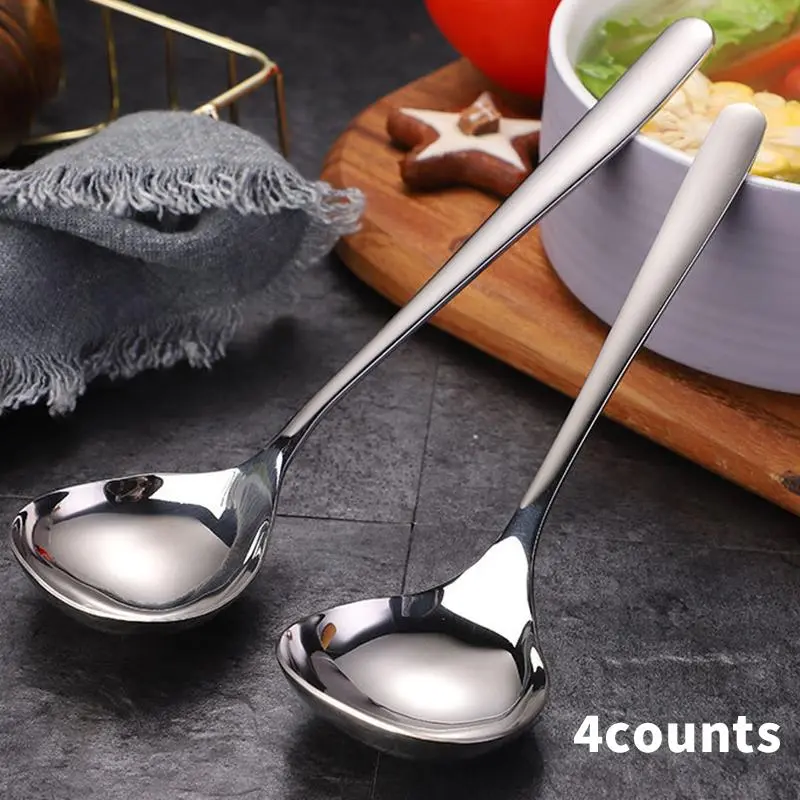 Stainless Steel Soup Spoon Set, 4 Counts Durable Long Handle Soup Spoon, Modern Kitchen Utensils Cooking Utensils for Home Kitchen Use Restaurant Dining Room Picnic Kitchenware Stainless Steel Kitchen Spoons