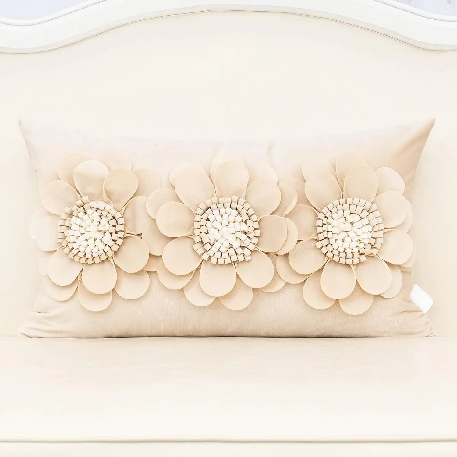 3D Flower Handmade Throw Pillow Cover Decorative Beige  Pillowcase Cushion Cover with  Zipper for Couch Bed Living Room Home Decor 12x20 Inches