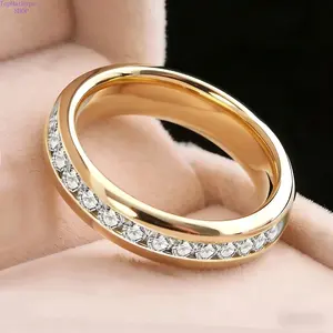 4mm Wide Titanium Steel 18K Gold Plated Full Eternity Band with Cubic Zirconia, Unisex Ring for Men & Women, Perfect for Wedding Christmas & Anniversary Gift