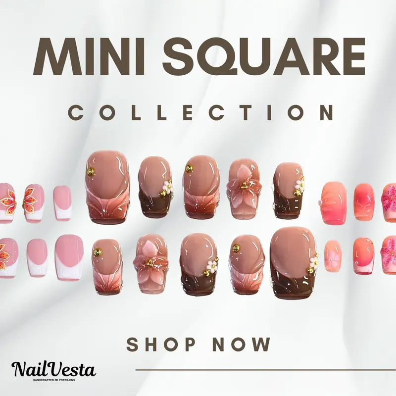 NailVesta MINI SQUARE COLLECTION – 100% Handcrafted 3D Press-On Nails | Reusable, Long-Lasting, Salon-Quality trendy art indie watches pixie pick new sets Blue Glitter Hoof Polish Quick Dry Gloss Top Coat zrk gel chrome finish easy manicure detour lacquer