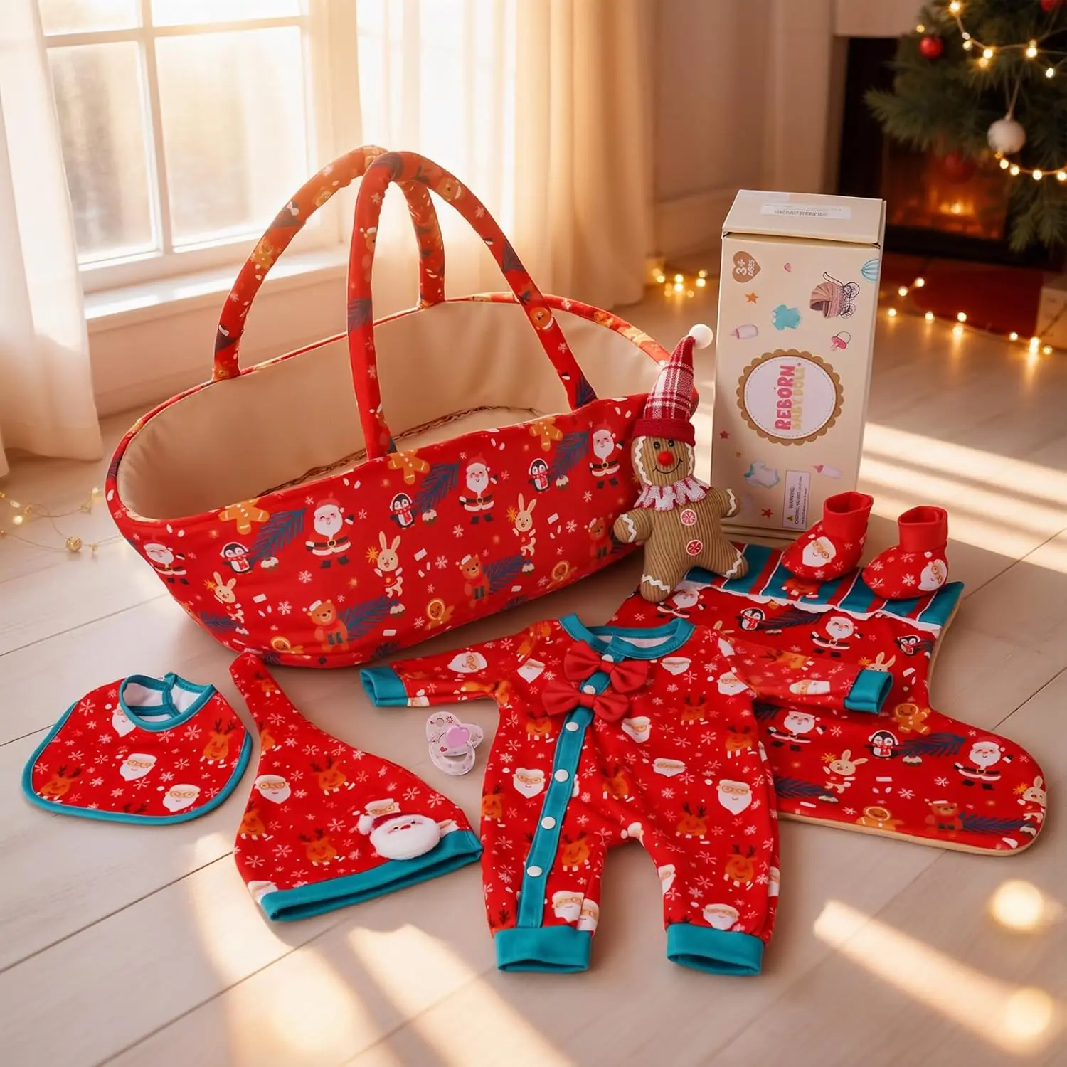 #Summervibes#DealsForYouDays BABESIDE 8-Piece Newborn Doll Christmas Outfit Set with Cradle Fits 17-22 inch dolls, includes doll accessories and outfit set Ideal for newborn dolls, baby doll role-play set (doll not included)