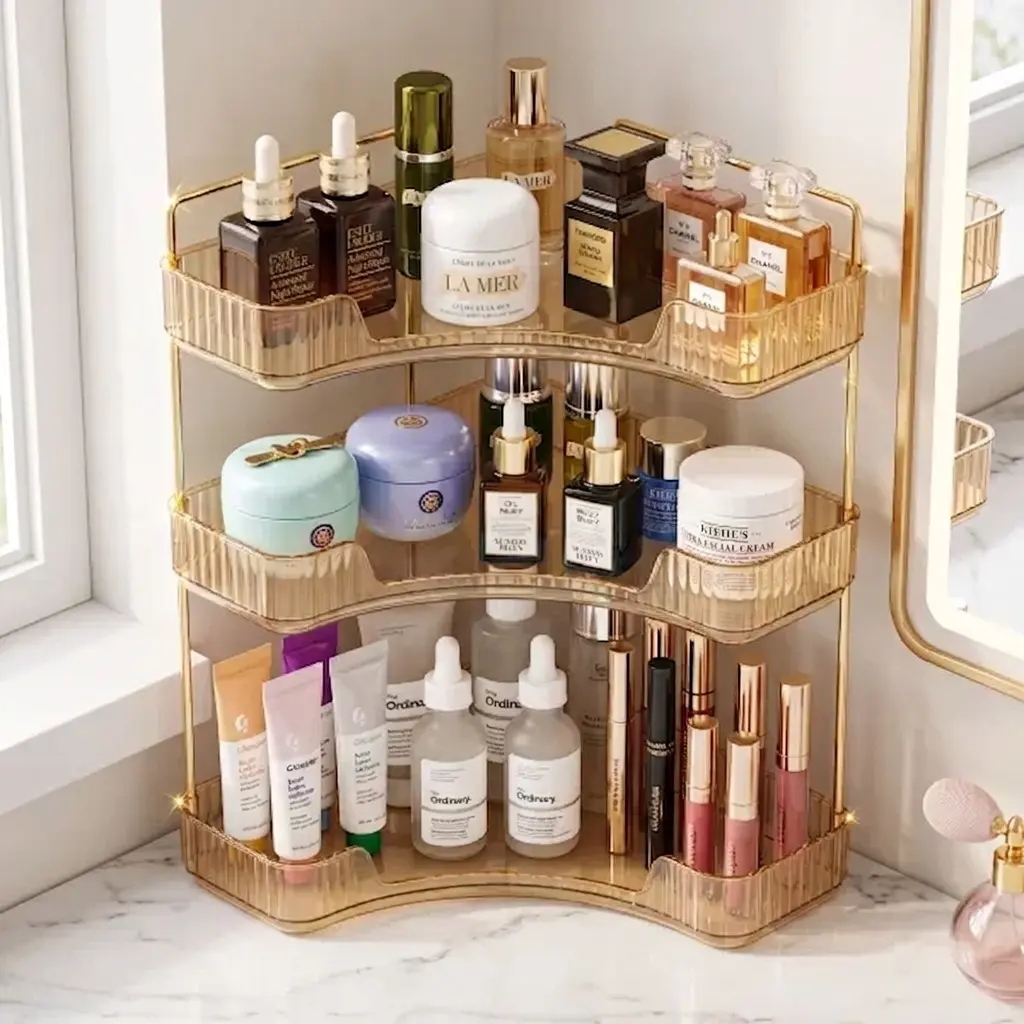 3-Tier Desktop Corner Cosmetic Storage Rack - Durable 3-Layer Transparent Caddy Shelf Cosmetic Organiser, Organized Beauty Organization for Bathrooms, Dressing Tables space-saving solution countertop needoh organizer lipstick brush skincare clear lid