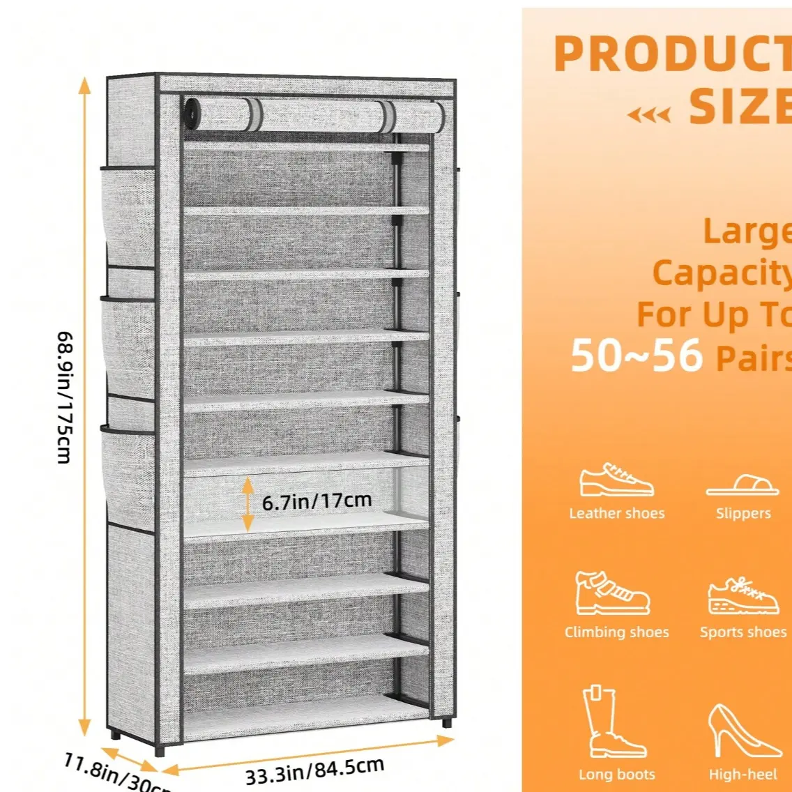 10-Tier Dustproof Shoe Rack Grey
