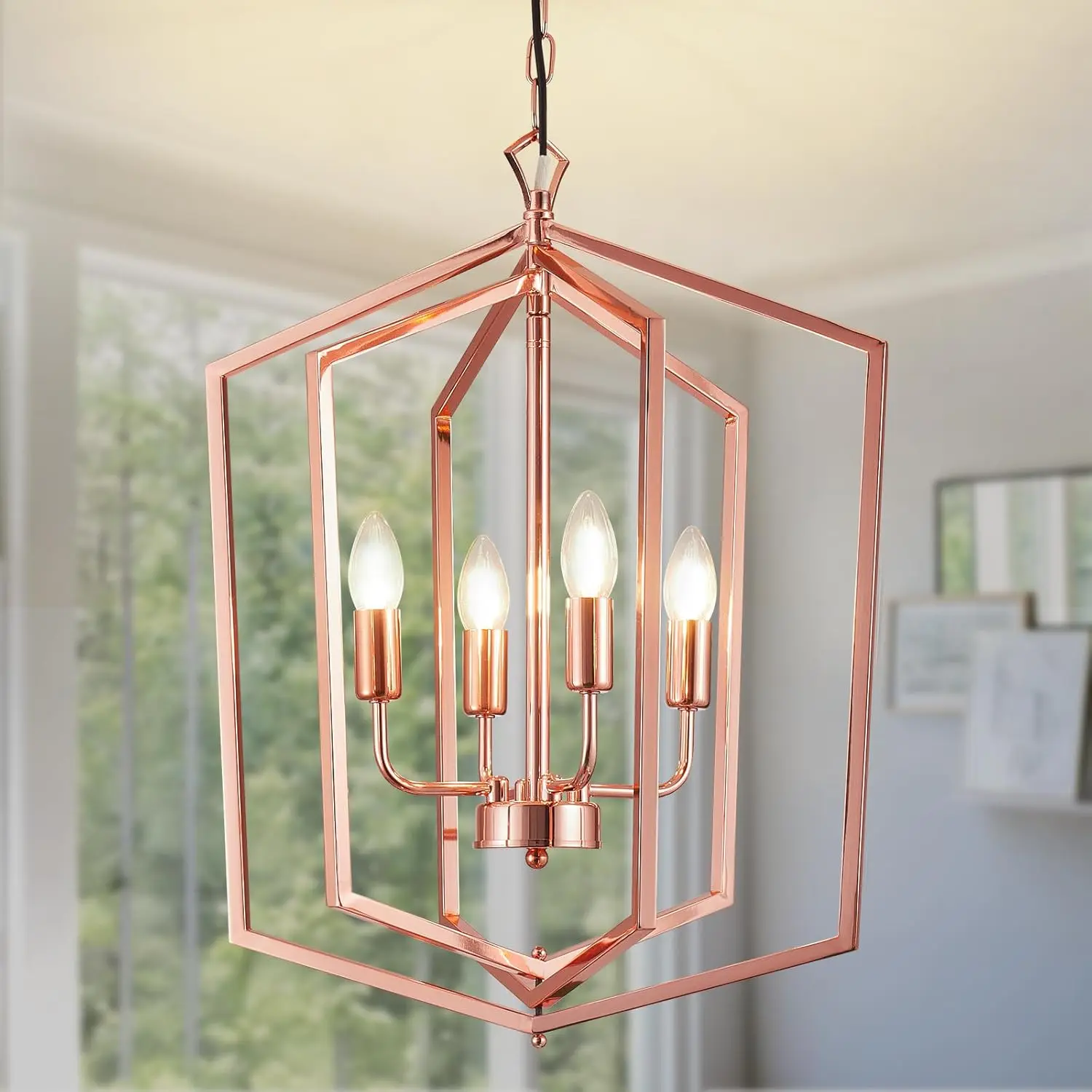 18.1" Modern Chandelier, 4-Light Geometric Ceiling Pendant Light Fixture, Modern Foyer Lighting Fixtures, Rose  Dining Room Pendant Lights for Living Room, Bedroom, Kitchen , Entryway