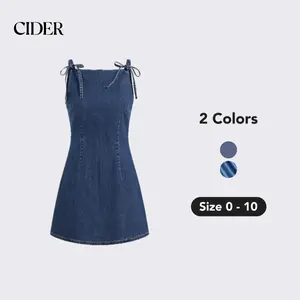 Cider Stretch Denim Solid Zipper Knotted Mini Dress