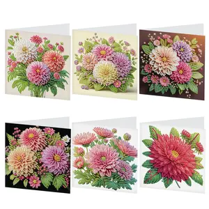 Chrysanthemum Pattern Diamond Arts Colorful Painting Greeting Card Kit, 6 Counts/set DIY Flower Diamond Arts Birthday Card with Envelope