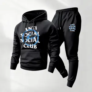 Men's Lonely Club Street Print Hoodie and Drawstring Sweatpants Set,Menswear,Casual Athletic Long Sleeve Hooded Jacket & Trousers for Fall & Winter,Men's Clothing for Daily Wear,Sportswear Indoor Outdoor,Tracksuit, Athleisure Summer Clothes