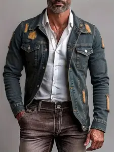 Men's trendy water-washed distressed denim jacket, deep bluewith holes, slim fit. Inner layer features a casual/business shirtand outerwear. Retro, rugged style.