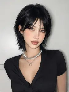 12-Inch Wolf Tail Short Hair Wig for Women, Full Head Cap Rose Net Hat, Cool Girl Daily Wear or Festival Event Accessory