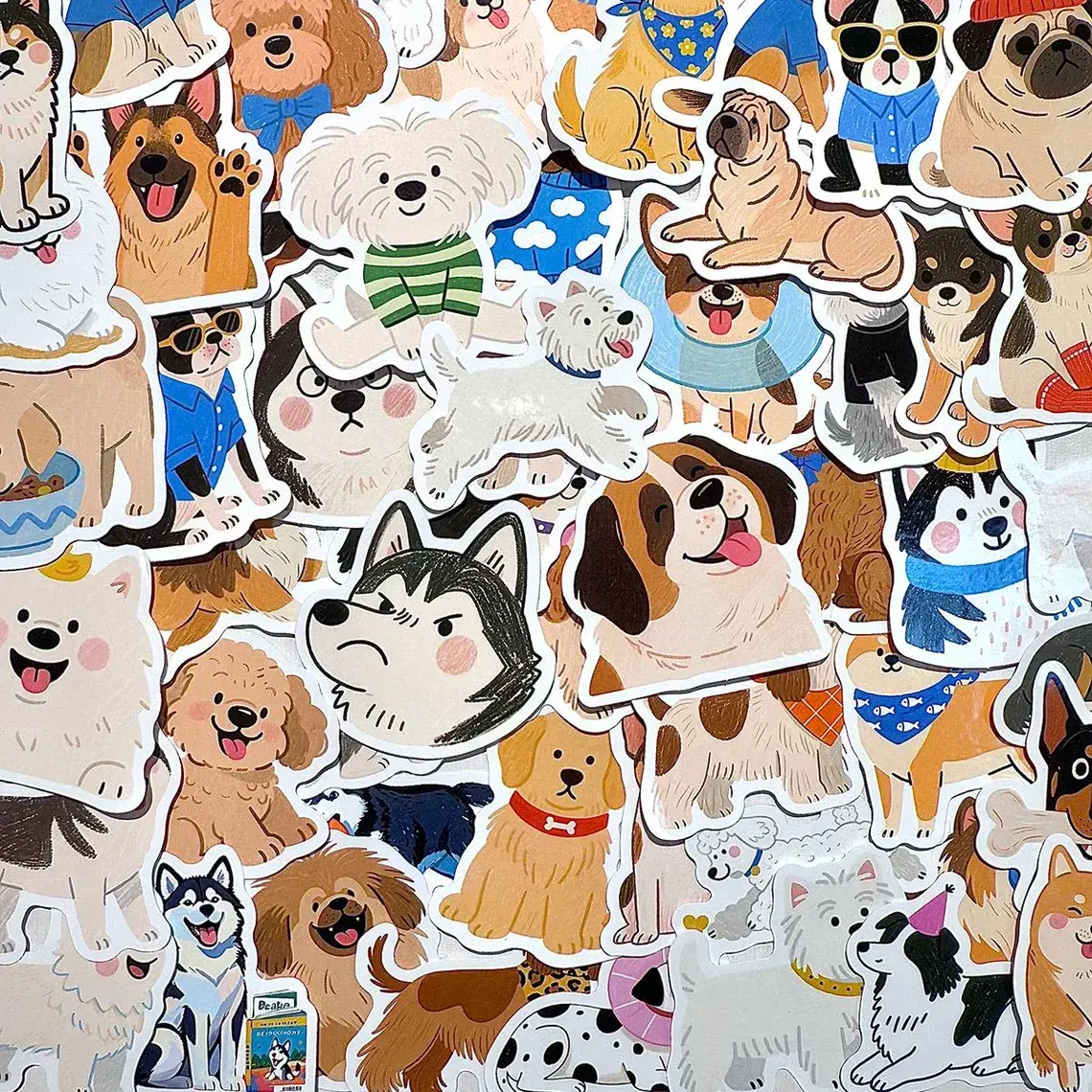 50-Piece Vinyl Dog Sticker Pack, Cute Kawaii Puppy Breed, Funny Cartoon Pet Meme Designs for DIY Scrapbooking & Stamping