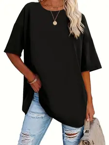 【Plus Size】 Solid Drop Shoulder Tee, Casual Half Sleeve Round Neck T-shirt, Women's Plus Clothing for Summer Daily Wear, Top, Womenswear, Fit