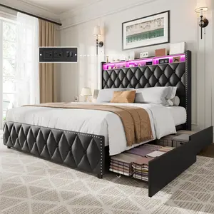 Queen Size Upholstered Platform Bed Frame with 4 Drawers, Black Nailhead Trim Headboard and Charging Station, LED Lights, Noise-Free, No Spring Needed, Easy Assembly, Modern Bedroom Furniture