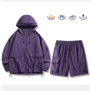 Men’s summer casual sports sun-protection outfit set, long-sleeve top and shorts combo—stylish and convenient for one outfit, suitable for summer travel, outdoor activities, and leisure entertainment.