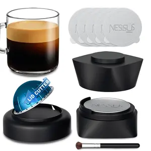 Refill Kit for Reusable Nespresso Vertuo Pods, Lid Quick Opener for Original Seal, 50PCS Aluminum Foil Lids, Tamp & Press Refillable Vertuo Capsules Holder and Brush, Replacement Parts Coffee Equipment