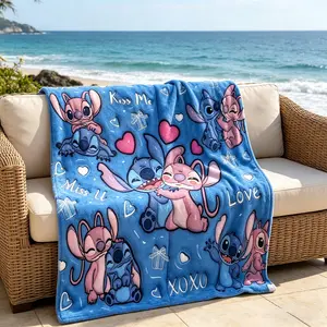 Stitch Angie Blue Base Couple Nap Blanket, Creative Digital Print Flannel, Holiday Gift Throw, Wall Hanging, Sofa Bed Cover, Blanket For Couch, Outdoor Travel Blanket, Cozy Cartoon Blanket, Soft Cozy Blanket