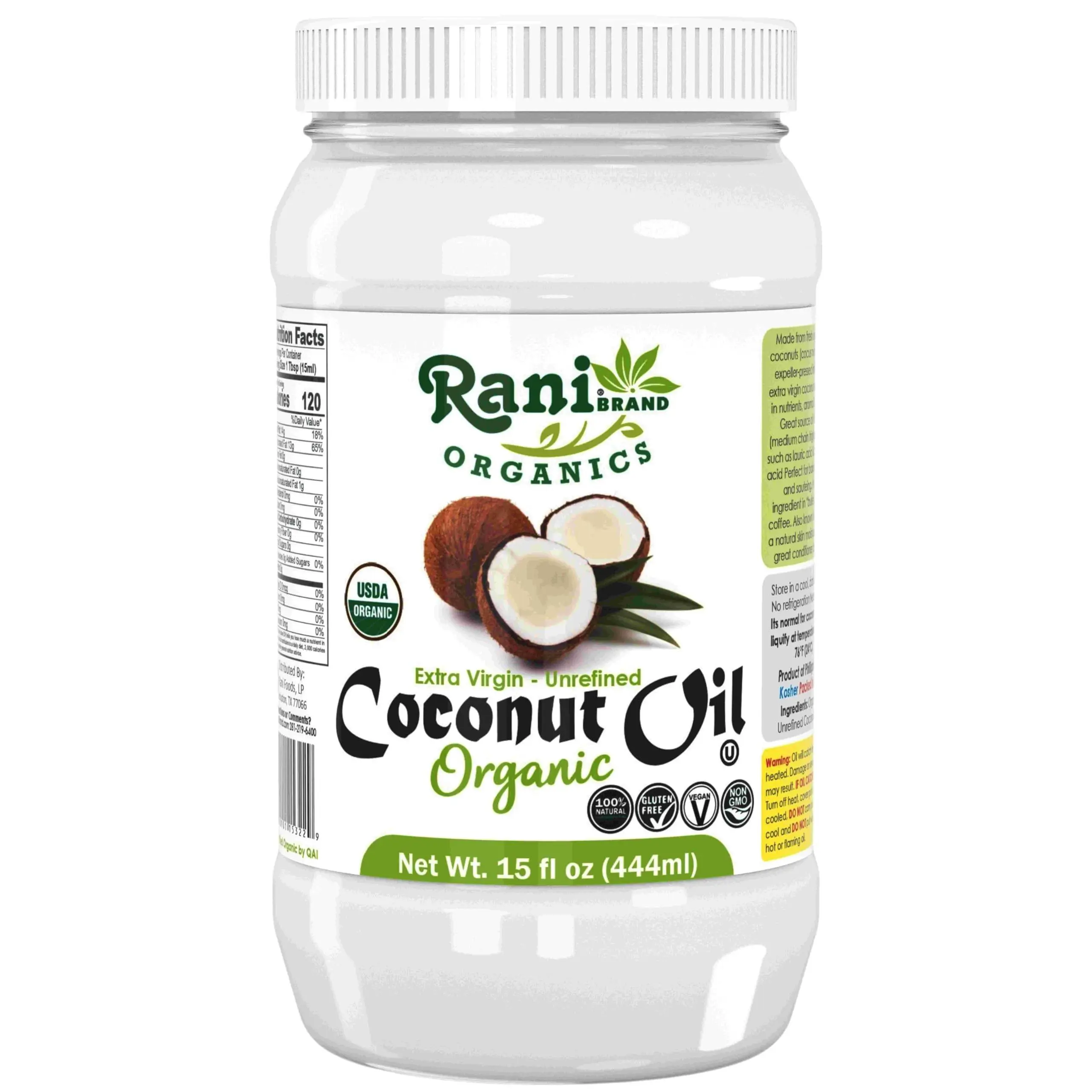 Rani Organic Extra Virgin Coconut Oil, Unrefined 15 fl oz (444ml) Cold Pressed, NON-GMO | Gluten Free | Kosher | Vegan | 100% Natural | Packed in USA | USDA Certified Organic