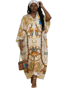 Moomoo Plus Size Kaftan Dress for Women, Chain Print Caftan Maxi Dress, Loose V-Neck Beach Cover Up, Lightweight Casual Loungewear for Summer Vacation, 4th of July, Memorial Day