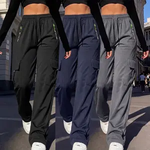 Women’s Streetwear Cargo Sweatpants, Elastic Drawstring Waist, Loose Wide Leg with Functional Side Pockets
