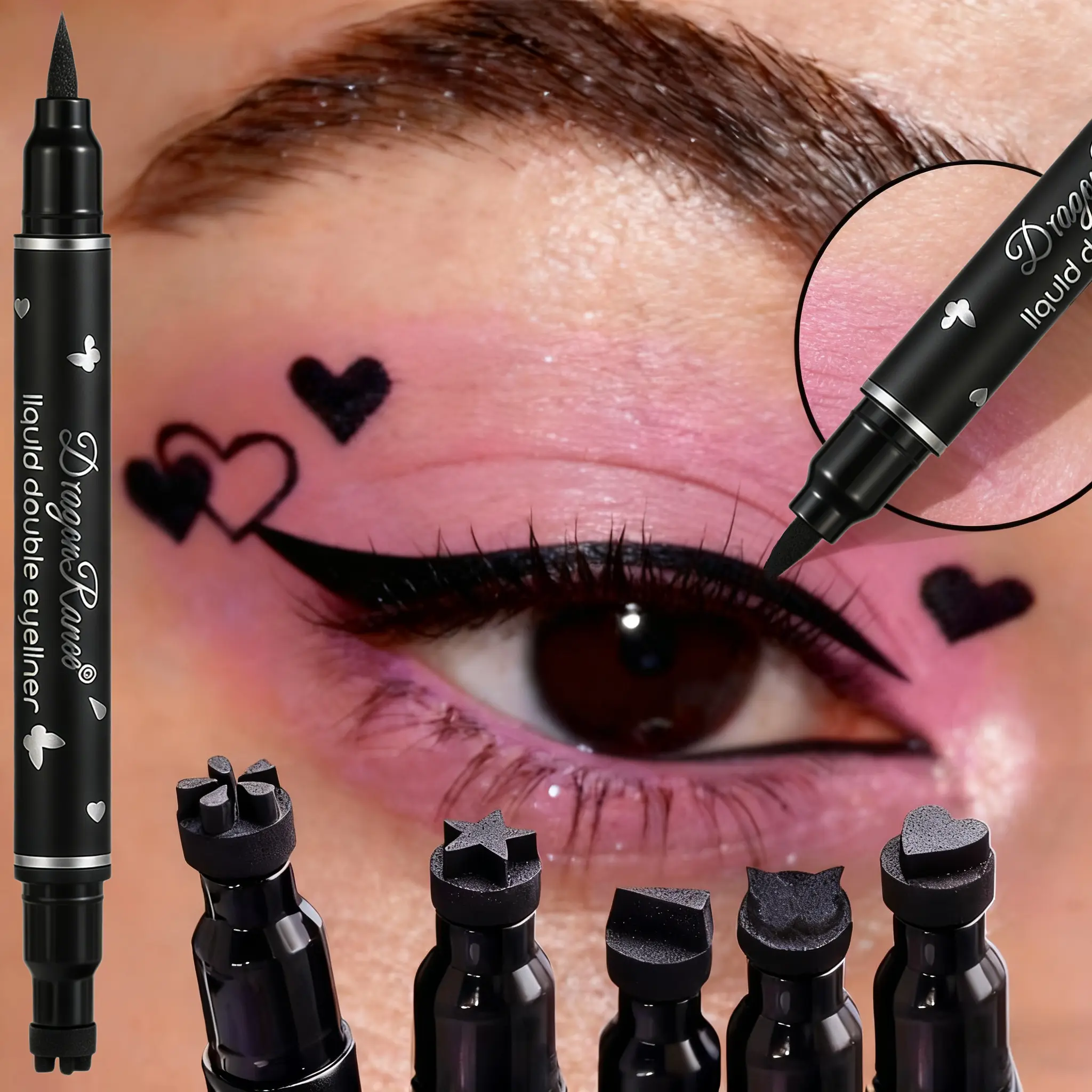 5Pcs Black Liquid Eyeliner Pencil Cosmetic Double Headed Heart Shaped Design Seal Pens Quick Dry Non Smudge Waterproof Long Lasting Eyeshadow Makeup summeressentials
