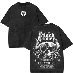 Couple Vintage Washed Print T Shirt Black Clover Skull Pattern Embroidered Flower Decor Round Neck Short Sleeve Regular Length Straight Hem Graphic Tee