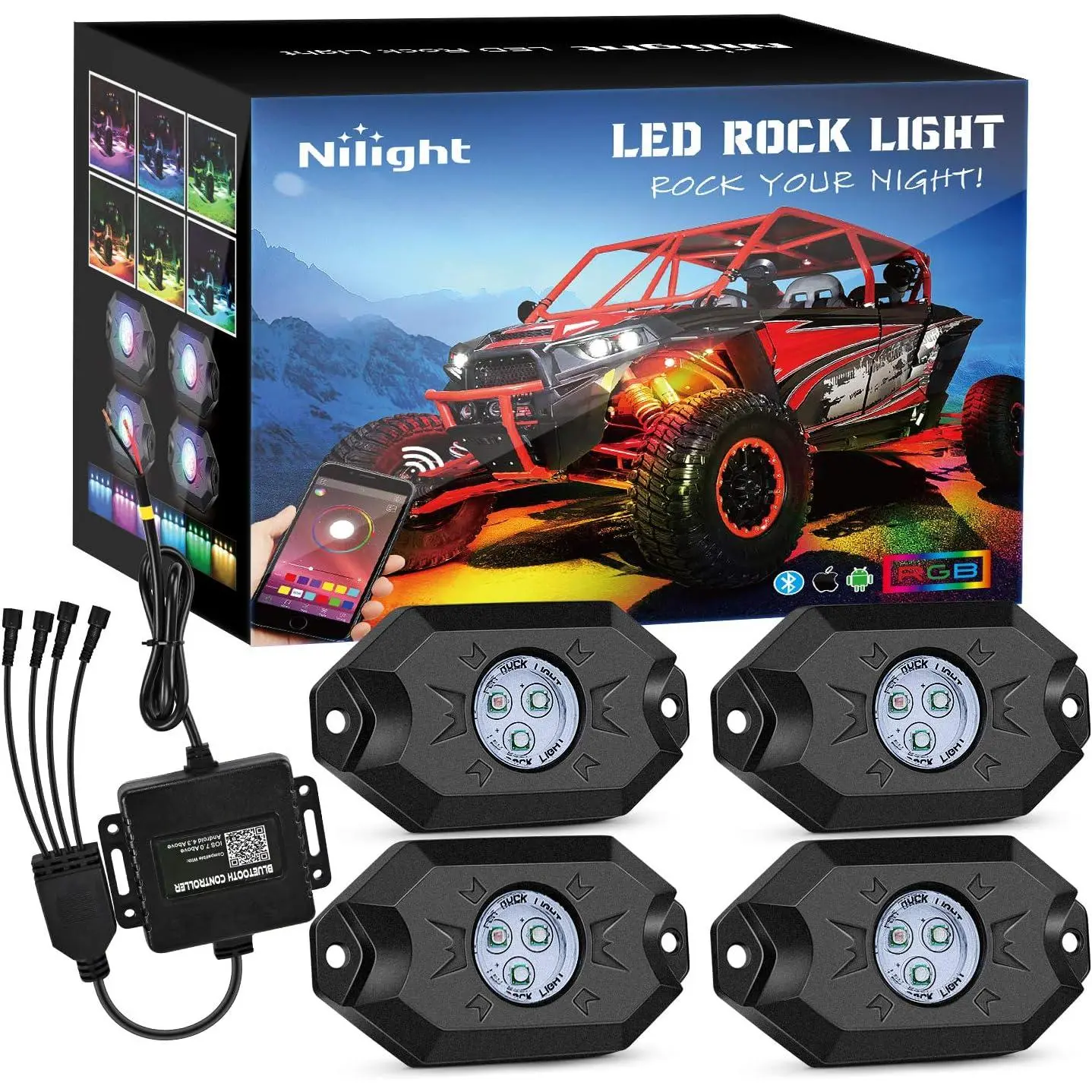 Nilight 4PCS 500 Lumens RGB LED Aluminum Rock Lights Kit - Multicolor Neon Underglow, Bluetooth App Control, Flashing & Music Sync Modes, IP68 Waterproof, Connection Wiring Harness for Off-Roading Truck, Motorcycle, Tractors