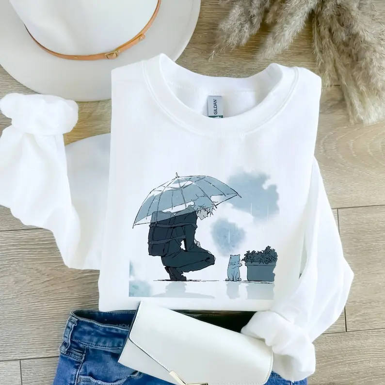 Cute Gojo Cat Under Rain Sweatshirt, Hoodie, Tshirt, Gojo Satoru Fan Shirt, Jujutsu Kaisen Fan Gift, Anime Streetwear, Crewneck