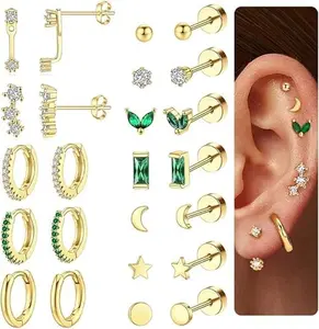 Dainty Gold Flat Back Hypoallergenic Cartilage Earring Sets for Multiple Piercing - 20G Surgical Stainless Steel, Trendy Stacks, Small Hoop, Flatback Stud
