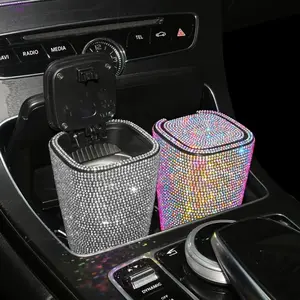 Mini Car Trash Can with Lid, Bling Diamond-Studded Design, Windproof & Odor-Proof, Easy Detachable & Cleanable Small Garbage Bin, Universal for Vehicle Auto, Home, Office & Outdoor Use, Cute Sparkling Car Interior Accessories for Women, Car Console Organi