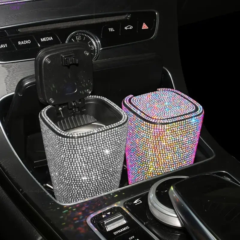 Girly Sparkly Plastic Car Accessories Mini Trash Can with Lid - Car Console Organizer, Small Size, Windproof, Odor Proof, Easy Detachable & Cleanable, Universal for Vehicle Use