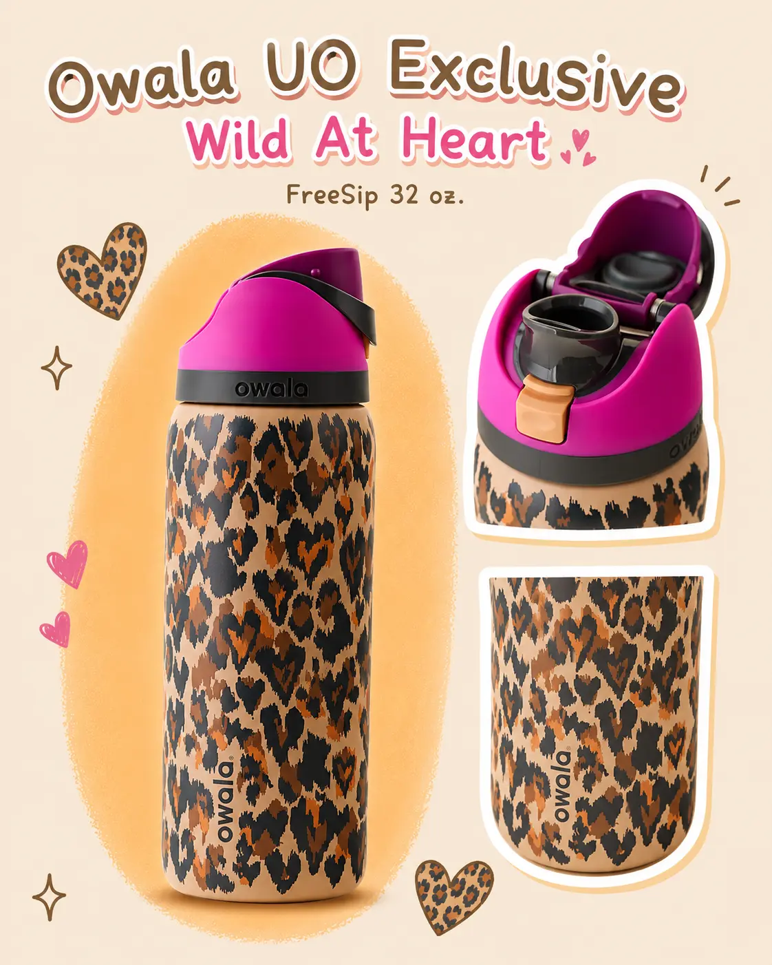 Owala Wild at Heart 32oz Insulated Water Bottle – Leopard Print FreeSip Travel Tumbler, Leak Resistant Stainless Steel Bottle, Reusable Gym Cup, Trendy Gift for Women