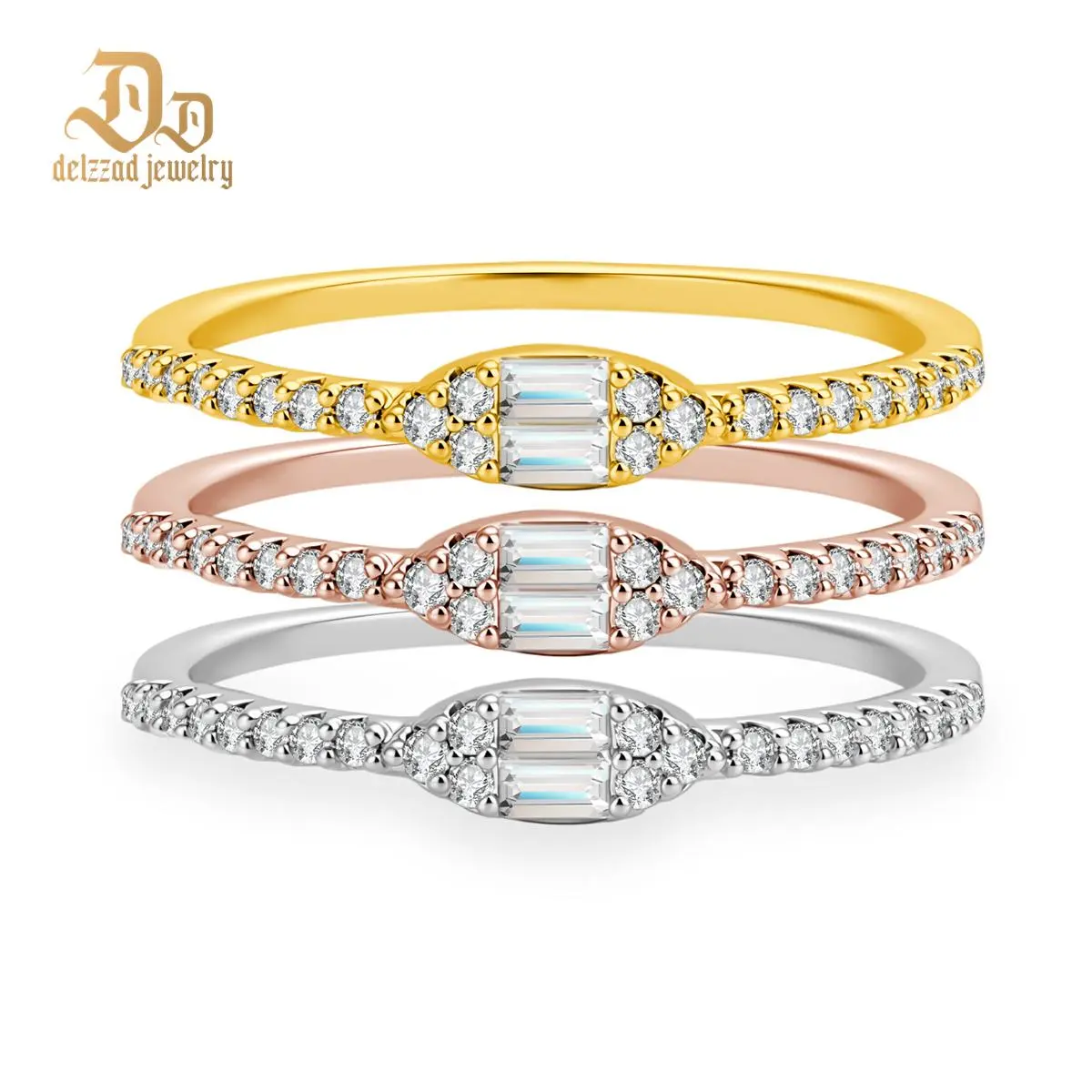 Delzzad 14K Gold-Plated 0.6ct Layered Memories Ring The Tri-Color Radiance Ring Stackable Wedding Band Ring VVS Synthetic Moissanite Ring Jewelry Perfect Birthday Engagement Wedding Anniversary Christmas Valentine's Day Mother's Day Gift