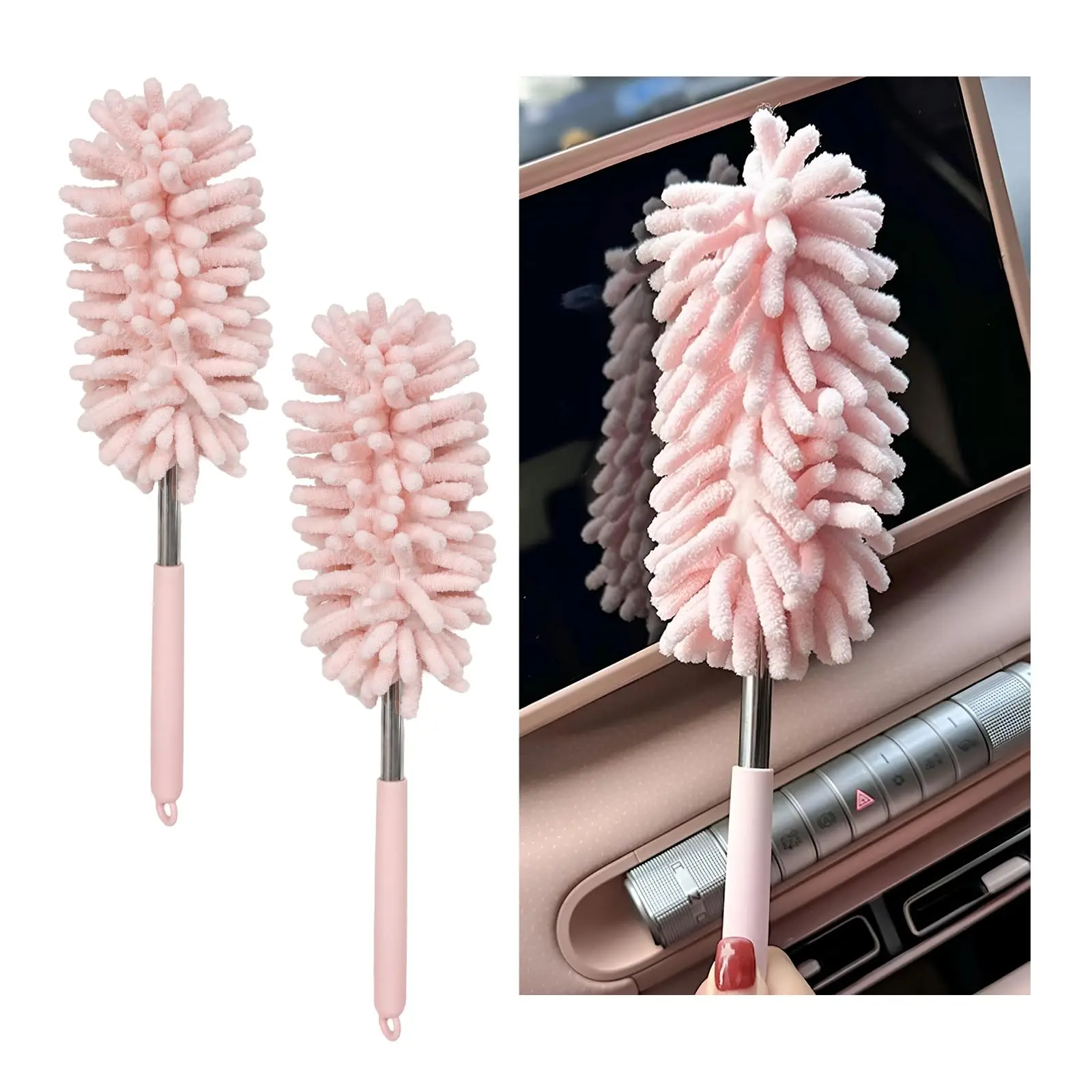 2PCS Bendable Microfiber Car Duster with Extendable Pole, Scratch-Free Interior & Exterior Cleaning Brush, Multi-Purpose Cleaner for Car Detail, Window, Home & Office, Pink