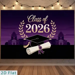 2026 Graduation Backdrop, 2D Flat Polyester Design with Purple Campus Silhouette, Cap, Diploma, Multi-Size Soft Fabric for Graduation Decorations 2026, Photo Booths, 2026 Graduation Decorations