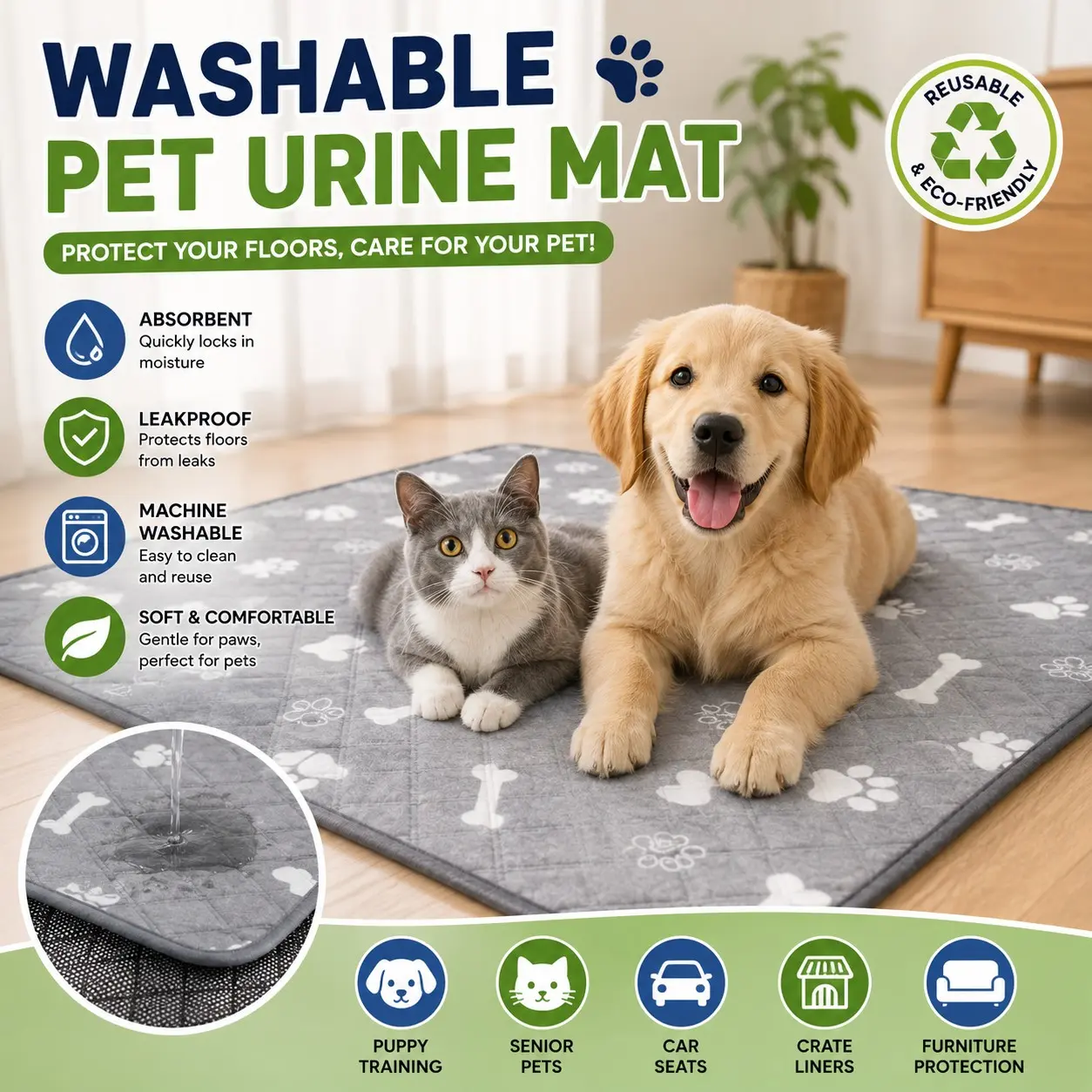 Washable pet pee pads | Reusable up to 1000 times! Save 80% compared to disposable pads!