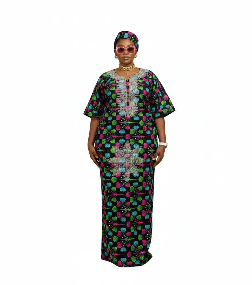 Women's ZOSIME Luxury 100% Cotton Ankara Dansiki Boubou Maxi Dress - Short Sleeve, Crystal Beaded Neckline, Embellished Front Panel, Matching Headwrap, Stylish Fabric