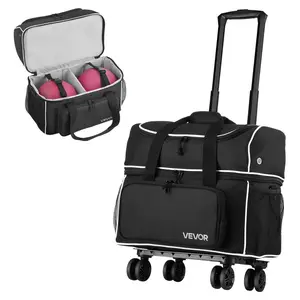 VEVOR Bowling Ball Bag, 2 Ball Four Roller Bowling Bag with Wheels, Featuring a Separate Compartment for Shoes (Up To US Size 16) & Oversized Accessory Pocket, Retractable Handle Extends to 37.4 in, Four-Roller Wheels, Oversize Pocket