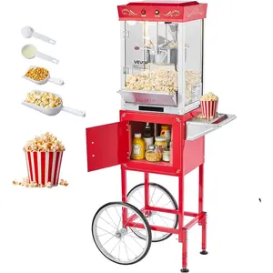 VEVOR Popcorn Machine with Cart, 8oz Stainless Steel Kettle, 800W Commercial Popcorn Maker, 48 Cups per Batch Theater Style Popper, with 2-Button Control Glass Wall PC Door 1 Scoop 3 Spoons, Red