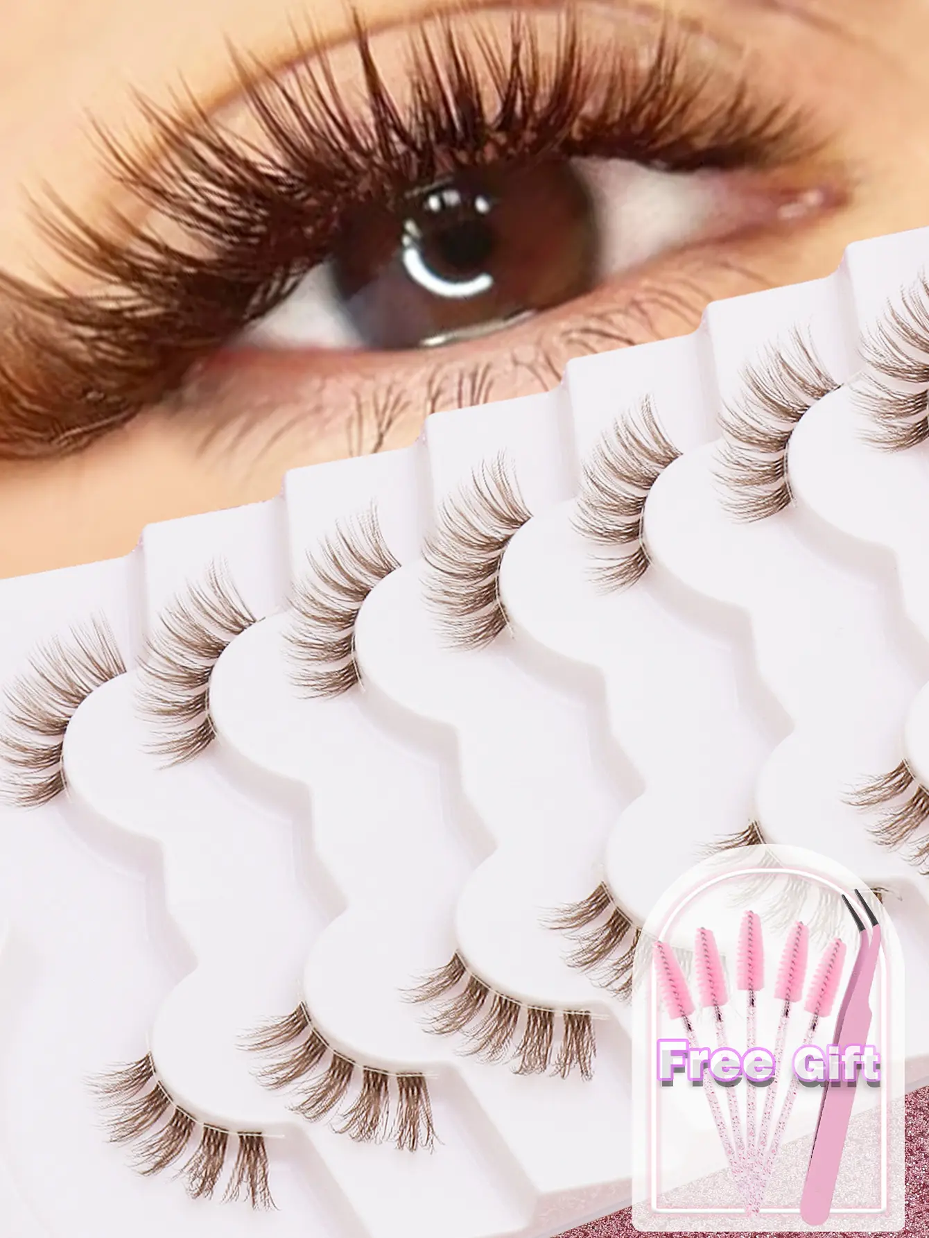 Ayrmilla False Eyelashes, 7 Pairs Reusable Set, Brown C Curl Lashes for a Natural Voluminous Cat-Eye Look, Artificial Mink Fibers, Nature, False Eyelashes & Adhesives