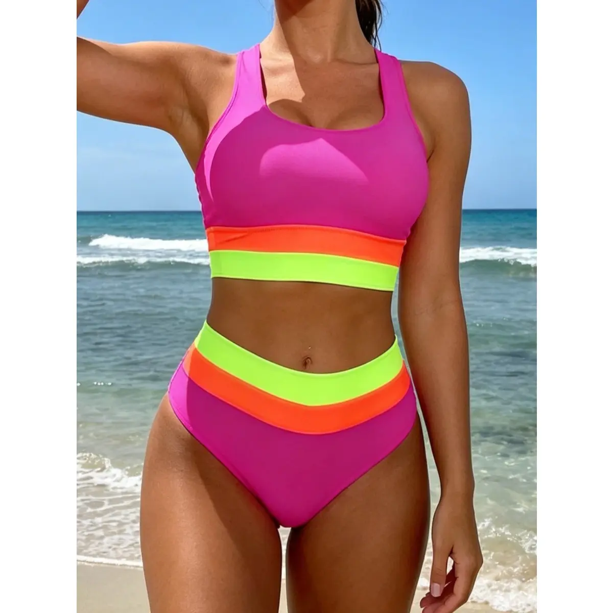 2026 Women's Color Block Bikini, Bright Pink Tank Crop Top with Neon Stripe Detail, High Waisted Bottom with Matching Bands, Slim Fit Swimwear