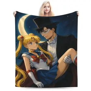 Valentine's Day Anime Throw Blanket – Romantic Anime Couple Under Crescent Moon, Night Sky Background, Soft Fleece Blanket for Fans, Bedroom or Gift