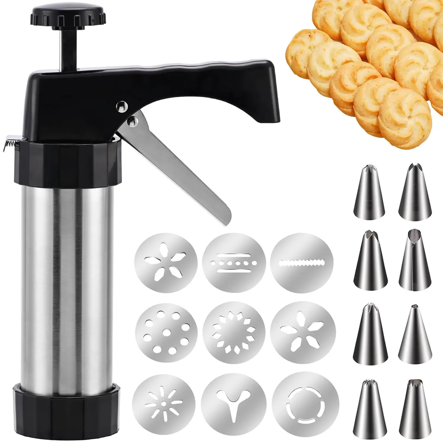 Stainless Steel Cookies Press,Cookie cutters Press Gun Kit with 13 Cookie Discs and 8 Piping Tips for DIY Christmas Cookies Maker