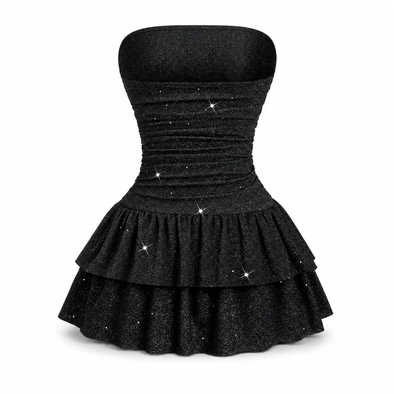 Dia LLC Women’s Black Glitter Strapless Mini Dress, Ruched Tiered Ruffle Bodycon Party Club Going Out Dress
