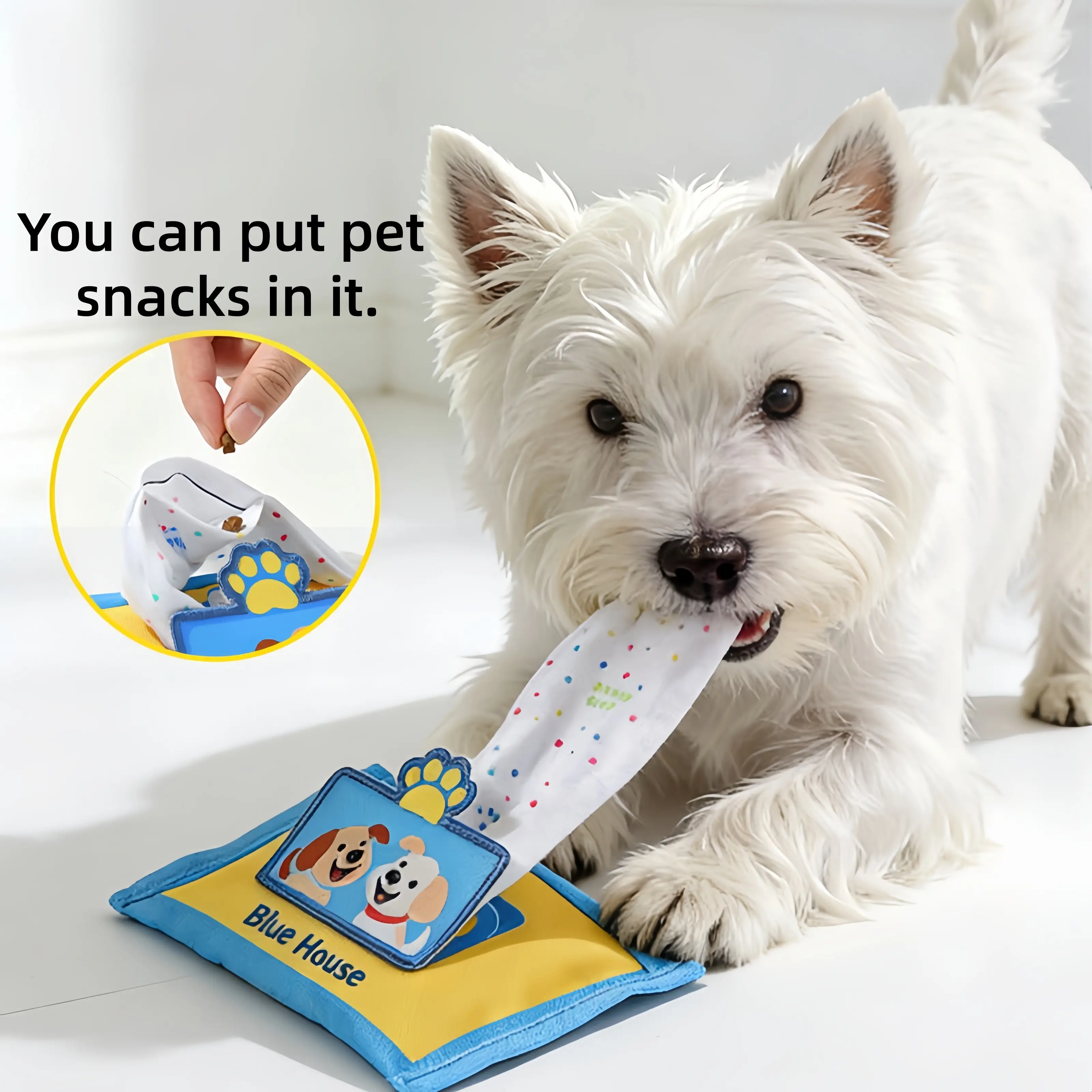 No-Stuffing Oxford Fabric Plush Snuffle Dog Toy, Wet-Wipe Shaped Treat Hide Pockets, Dual Squeakers, Crinkle Sound, Extra-Long Tug Interactive Puzzle Toy for Mental Stimulation & All Dog Sizes, Easy To Clean