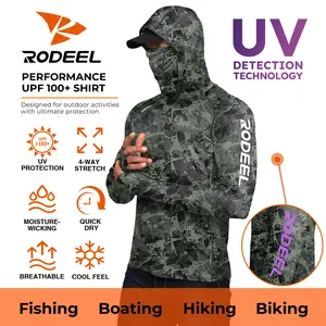 【RODEEL】934 Sun Hoodie Shirt w/ UV Detection Logo Mask Neck Gaiter Thumbhole Men UPF 100+ Sun Protection Long Sleeve Lightweight Quick Dry Moisture Wicking Breathable Athletic Activewear for Outdoor Fishing Boating Construction Roofing Framing summervibes