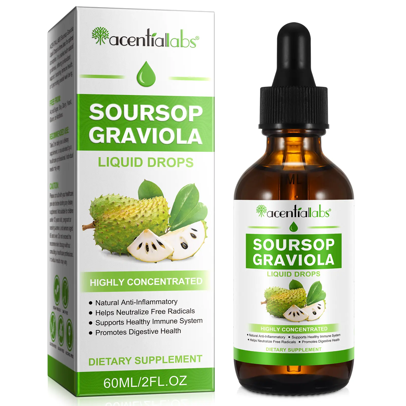 【NEW】Acentiallabs Soursop Graviola Liquid Drops 1800mg - Highly Concentrated Antioxidant & Immune Support Formula with Vitamin C, Alcohol-Free, Vegan, Non-GMO, 60mL (30-Day Supply)