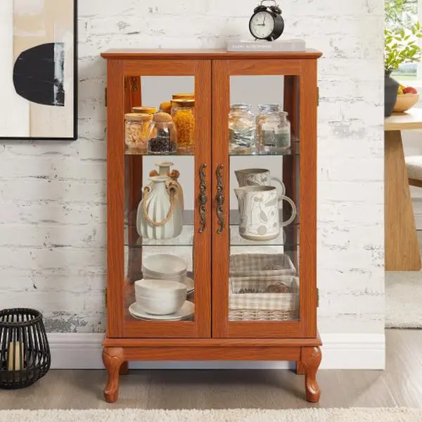 Bellemave 2-Door Chrome-Handled Tempered Glass Curio Cabinet - Display Storage Accent Cabinet with Mirrored Back Panel, Adjustable Shelves, Lighted Display & Included Bulb for Home, Office, Display Storage Cabinet